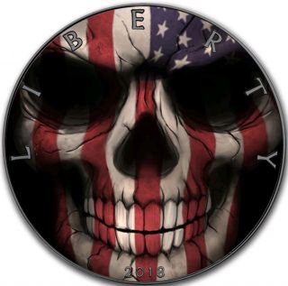 2018 1 Oz Silver $1 Us Flag Skull Eagle Ruthenium Coin.