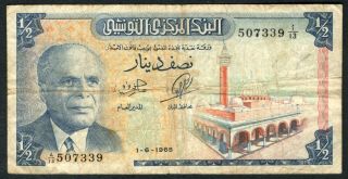 1965 Tunisia 1/2 Dinar Note.