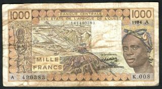 1984 French West Africa 1000 Francs Note.