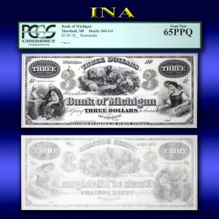 Marshall Bank Of Michigan $3 Note Obsolete Currency Pcgs Ppq Gem Crisp Unc White