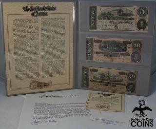 Us Civil War Signed Bank Notes Portfolio W/ Coa: 1863 $5,  1864 $10 & $20