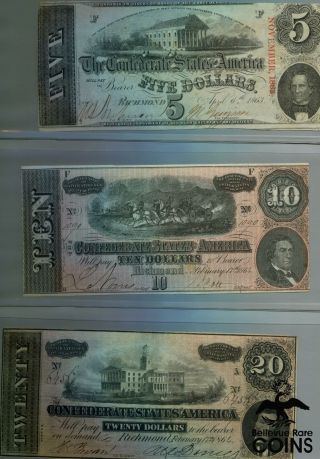 US Civil War SIGNED Bank Notes Portfolio w/ COA: 1863 $5,  1864 $10 & $20 4