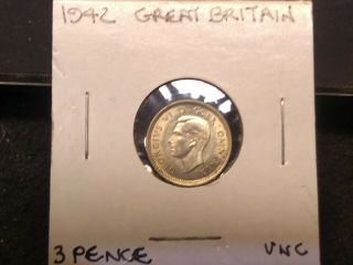 1942 Great Britain 3 Pence Silver Coin Uncirculated