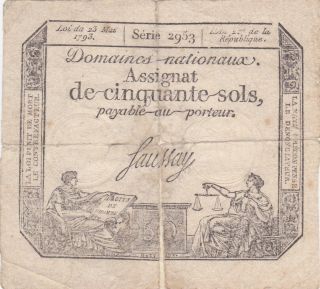 50 Sols Vg - Poor Banknote From French Revolution 1793 Pick - A70