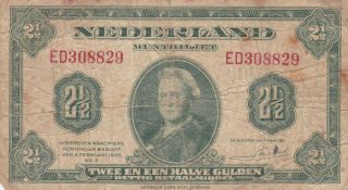 2 1/2 Gulden Vg Banknote From The Netherlands Indies 1943 Pick - 65