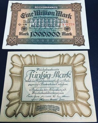 Germany Reichsbanknote 1918 - 23 50 Mark 1918 Pick 65 1,  000,  000 Mark 1923 Pick 86a