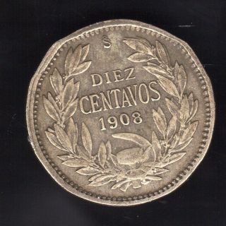 CHILE 10 CENTAVOS 1908,  SILVER 2