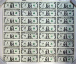 2001 Uncut Sheet Of 32 $1 Federal Reserve Notes York Bank Crisp