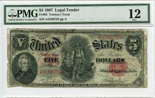 Fr.  83 1907 $5 Legal Tender Pmg Fine 12 - Legal Tender - Large