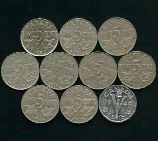 10 Canada 5 Cent Coins 1922 1923 1928 1930 1931 1932 1934 1935 1936 1945