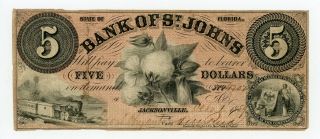 1859 $5 The Bank Of St.  Johns - Jacksonville,  Florida Note