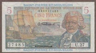 1950/60 Saint - Pierre - Et - Miquelon 5 Franc Note Unc