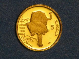 Singapore 1986 5 Singold (1/20 Oz. ) Year Of The Tiger Gold Proof