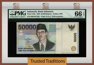 Tt Pk 139a 1999 Indonesia 50000 Rupiah " H.  O.  S.  Tjokroaminoto " Pmg 66 Epq Gem Unc