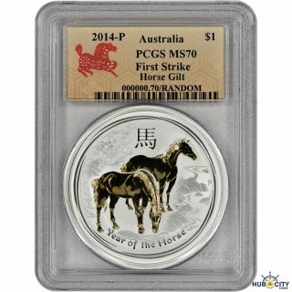 2014 - P 1oz Australia Year Of The Horse $1.  999 Silver Pcgs Ms70 Gold - Gilt Coin