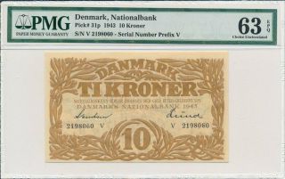 Nationalbank Denmark 10 Kroner 1943 Pmg 63epq