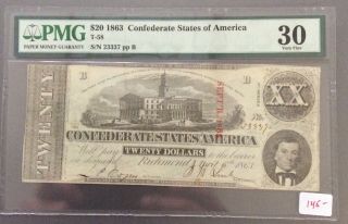 1863 $20 Confederate States Of America T - 58 Pmg Vf30