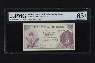 1948 Netherlands Indies Javasche Bank 1/2 Gulden Pick 97 Pmg 65 Epq Gem Unc