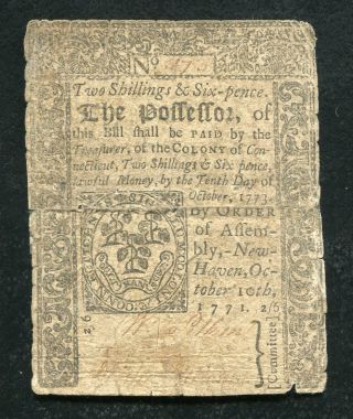 Ct - 164 October 10,  1771 2s 6p Two Shillings Six Pence Connecticut Colonial Note