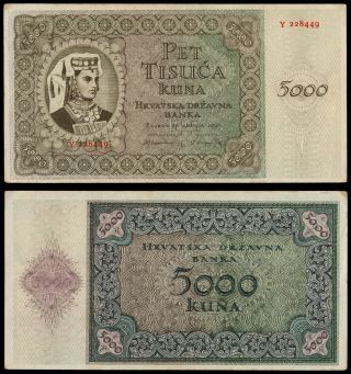 Za.  009} Croatia 5000 Kuna 1943 / 1 Letter / Ustasa Wwii Germany Italy Ally / Vf