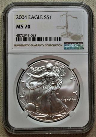 2004 $1 American Silver Eagle Ngc Ms70 Brown Label