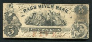 1857 $5 The Bass River Bank Beverly,  Massachusetts Obsolete Banknote