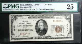 $20 1929 The Alamo Nb San Antonio,  Tx Pmg 25 Very Fine Ch 4525 Fr 1802 - 1