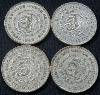 Mexico,  4 Different Years,  Vintage Silver 1 Peso Coins : 1959,  1960,  1961,  1962