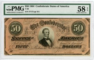 1864 T - 66 $50 The Confederate States Of America Note - Civil War Era Pmg 58 Epq