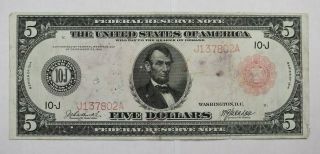 1914 Federal Reserve Note $5 Red Seal Kansas City Fr.  841a - Net Fine (802a)