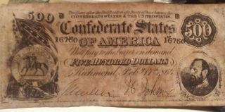 1864 Series Confederate States $500.  00 Note.  T - 64 Civil War.  Jeb Stuart History