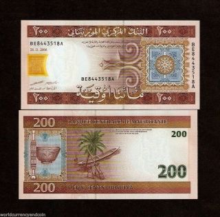 Mauritania 200 Ouguiya P11 2006 Dhow Unc Boat Africa Money Bill Bank Note