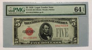 1928 $5 Legal Tender,  Us Note,  Pmg Choice Uncirculated 64 Epq Banknote,  Ba Block