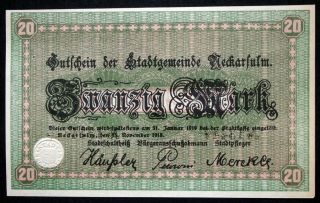 Neckarsulm 1918 20 Mark Grossnotgeld German Notgeld Banknote