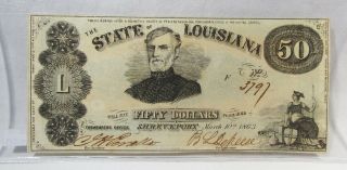 1863 $50 Louisiana Shreveport Confederate Civil War Bank Note Pc - 330