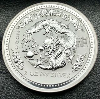 2000 Australian Lunar Year Of The Dragon 2 Oz.  999 Silver Coin Perth