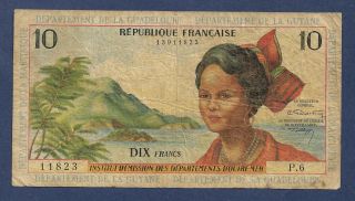 [an] French Antilles Guadeloupe 10 Francs 1964 P8 Fine,