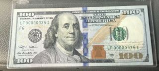 100 Dollar Bill 2009 A Very Low Serial Number Lf (00000335) I