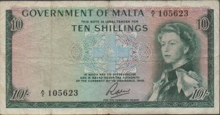 Malta 10/ - Nd.  1963 P 25a Series A/2 Circulated Banknote E12