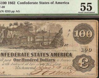 1862 $100 Dollar Confederate States Currency Civil War Note Money T - 39 Pmg 55
