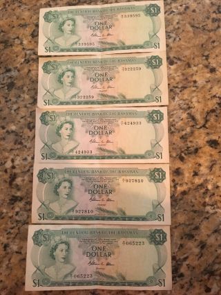 5 Central Bank Of The Bahamas Notes 1 Dollar Queen Elizabeth