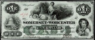 Salisbury,  Md - Somerset And Worcester Savings Bank $1 1862 Uncirculated