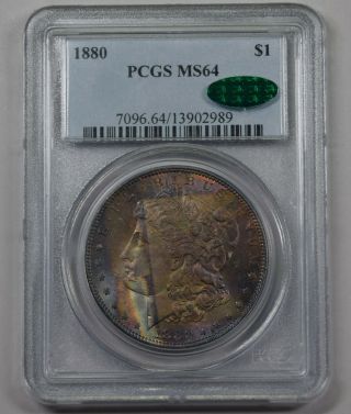 1880 Morgan Silver Dollar Pcgs Ms64 Cac Pq Unique Rainbow Toned