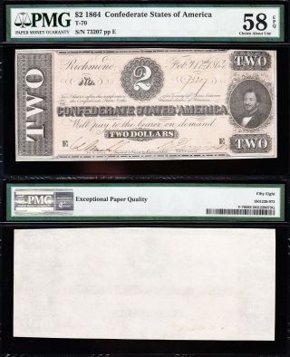 1864 T - 70 $2 Csa Confederate Note Pmg 58 Epq