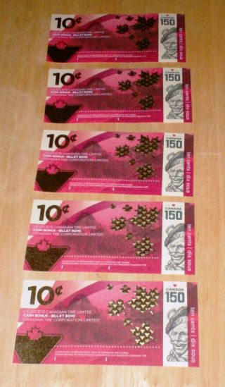 5 Consecutive Canadian Tire Limited Edition Canada 150 Anniversary 10 Cent Bill