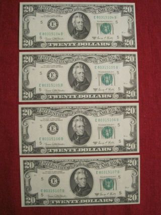 Four Consecutive $20 Twenty Dollar Bills - 1969 C Richmond Crisp Uncirculated