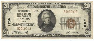 $20 National Currency 1929 Ch 1788 Merchants Nb&t Co Dayton,  Oh Chvf Binary S/n