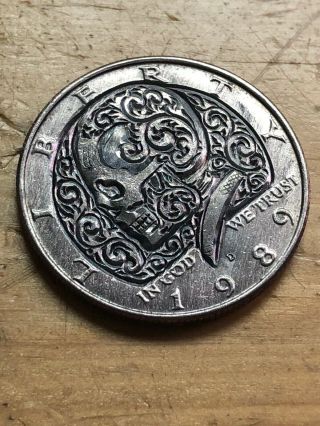 Hobo Nickel Coin Art Real Hand Carved 1989 Sugar Scroll Skull