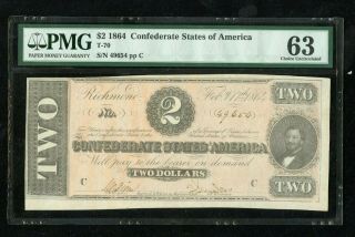 1864 $2 Confederate States Of America T - 70 Note Pmg 63 Civil War Note