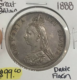 1888 Great Britain Double Florin.  925 Silver Coin